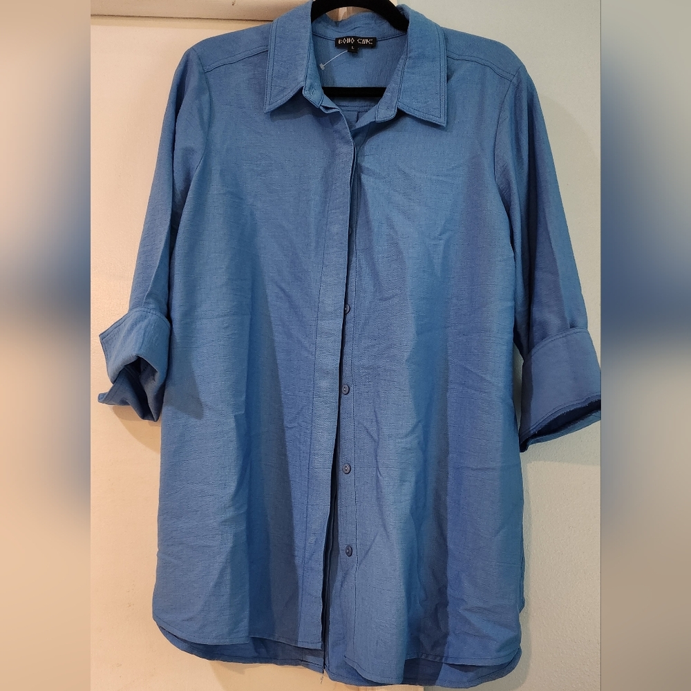 Women's Boho Chic Reverse Button-Down Blue Shirt,… - image 2